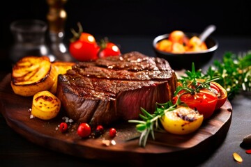 Succulent grilled steak served with vibrant cherry tomatoes, golden roasted potatoes, garnished with fresh herbs, beautifully arranged on rustic plate, for culinary marketing, gourmet promotions.