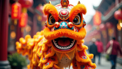 Obraz premium Vibrant orange lion dance costume in traditional chinese festival street scene