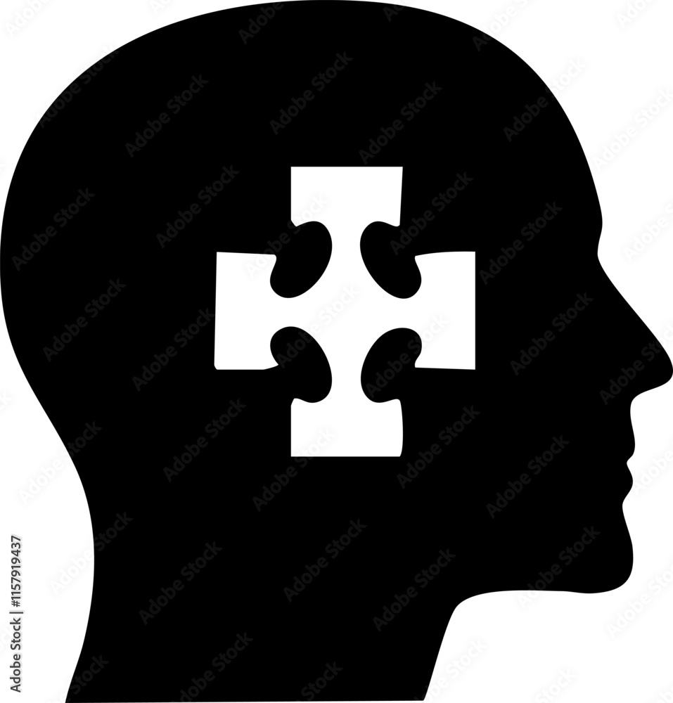 Poster silhouette of a head with a puzzle piece inside representing mental processes.