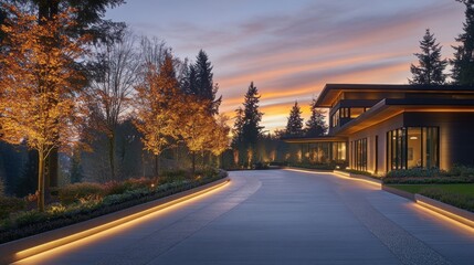 Modern luxury home driveway at sunset.