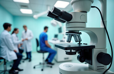 Modern ophthalmological clinic operating room. Surgical microscope. Doctors in white coats. Vision correction, cataract treatment. Medical tech. Pro team prepares for operation. Eye care equipment.