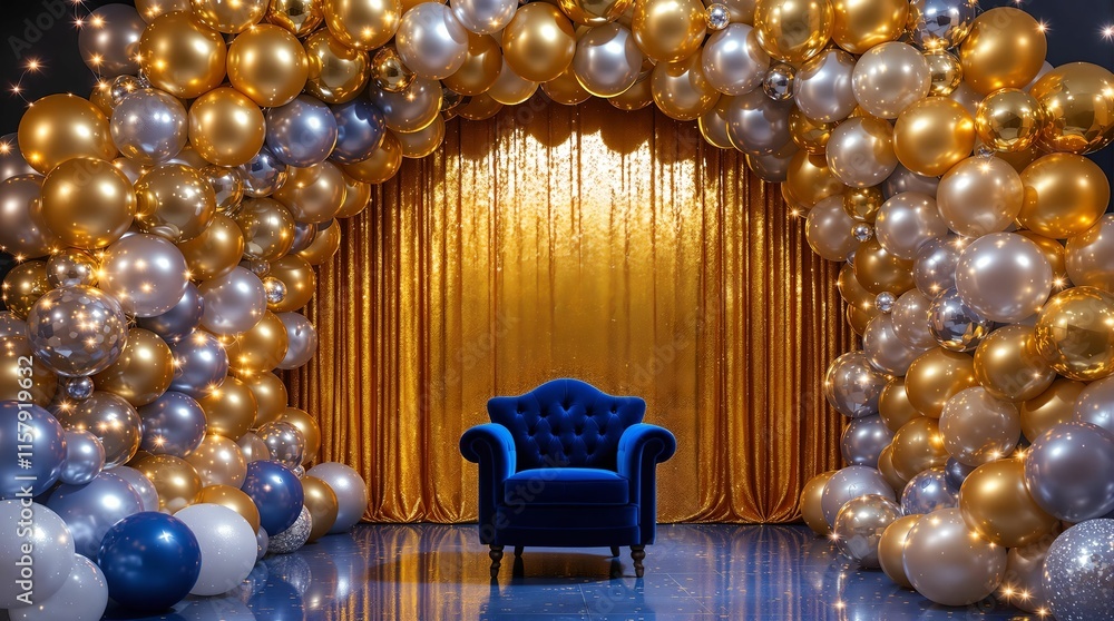 Poster luxurious room with a plush blue armchair and a backdrop of golden curtains. the room is adorned wit