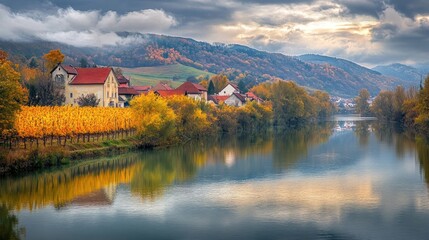 Fototapeta premium Autumnal village reflected in calm river.