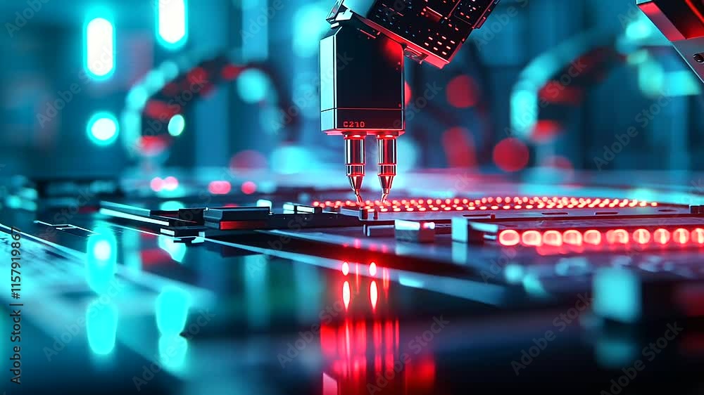 Poster robotic tools on assembly line in industrial setting