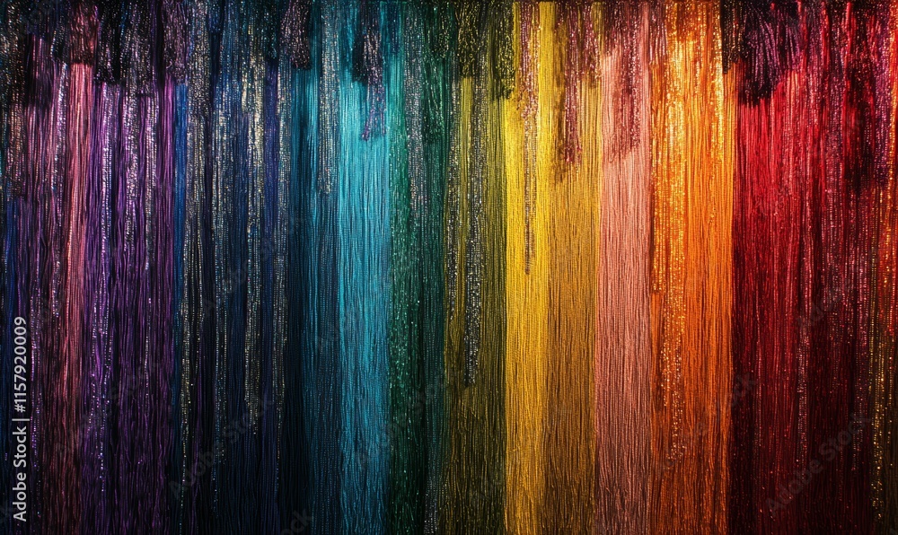 Poster large woven wall hanging with vibrant rainbow threads and textured patterns, creating an interplay o