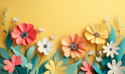 Obraz premium Printed paper cut spring flowers with mockup space and copy space.