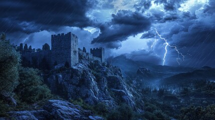 Stormy night over ancient castle on mountaintop.