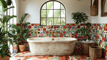 A stunning Mediterranean bathroom featuring vibrant tiles, a freestanding tub, and lush greenery, creating a warm and inviting atmosphere.