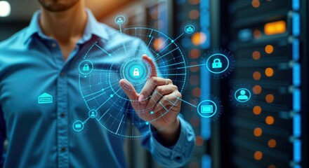 Businessman interacts with virtual screen showing KYC compliance tech. Manages digital identity verification, security in finance. Image shows pro in server room. Virtual interface for secure