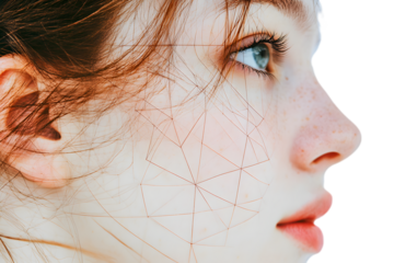 Abstract geometric patterns on a young woman's face with blue eyes and delicate features