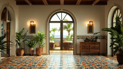 A sunlit Mediterranean interior featuring terracotta tiles, arched doorways, and lush greenery, evoking a rustic charm. Tropical vibes show elegance and warmth.