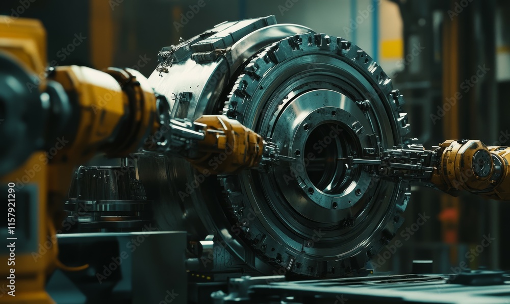 Poster robotic arm in a production line assembling precision machinery, sharp metallic details.