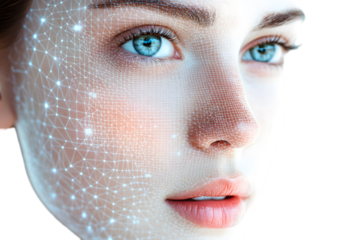 Futuristic Portrait of Woman with Digital Network Overlay for AI Insights