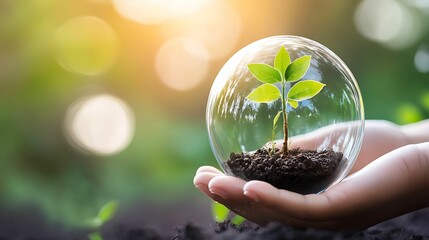 growth sustainability adaptation. A hand holds a small plant inside a glass orb, symbolizing nature, growth, and environmental protection against a blurred green background.