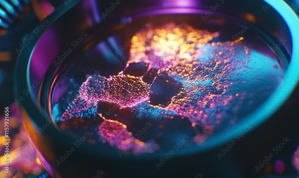 Poster microscope lens capturing intricate cellular details on a slide, glowing softly under laboratory lig