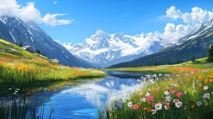 Serene mountain valley with wildflowers and river.