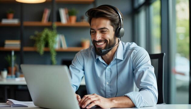 Indian tech support representative uses laptop for client service. Pro employee at work in office setting. Engaged in digital communication, providing assistance. Happy support operator manages