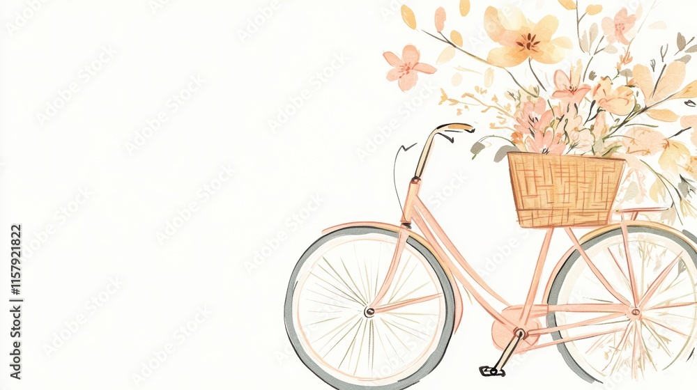 Poster doodle of a vintage bicycle with a basket full of colorful spring flowers and ample space for text. 