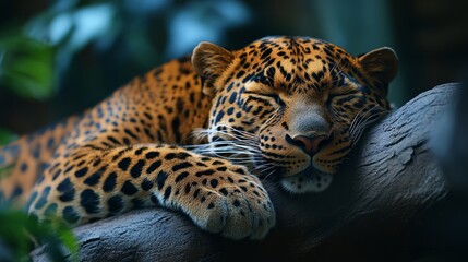 A resting leopard sprawls on a branch, showcasing its vibrant fur and peaceful demeanor.