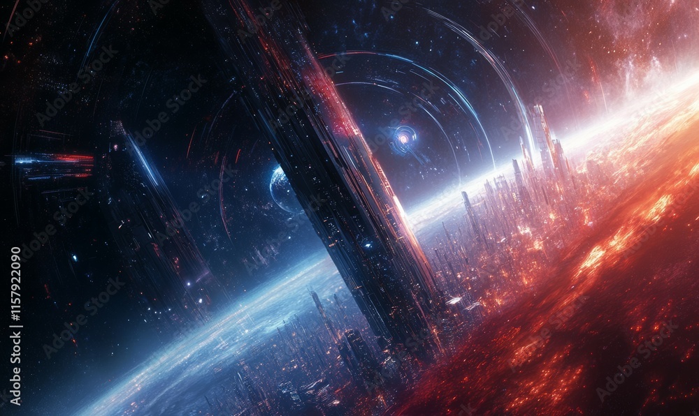 Poster modern futuristic smart city concept in space with abstract red blue background. computer informatio