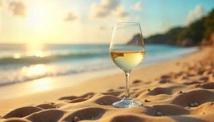 Glass of white wine on beach sand at sunset. Relaxing moment on tropical shore. Beautiful evening scene. Perfect for romantic vacation. Enjoying a beverage.