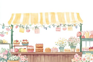 Charming spring market stalls filled with colorful treats and flowers inviting visitors for a delightful shopping experience. Generative AI