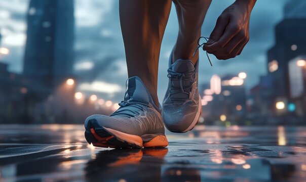 Runner tying their shoelaces before a marathon, close-up on their determined expression and specialized footwear, city race in the early morning,