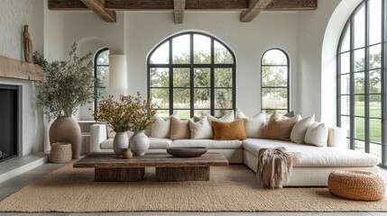 A beautiful Mediterranean-inspired living room featuring a cozy sofa, rustic wooden table, and natural decor, surrounded by sunlit windows and greenery.