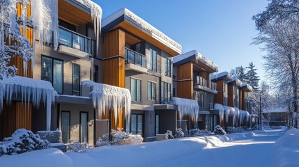 Modern townhouses covered in snow and icicles on a sunny winter day.