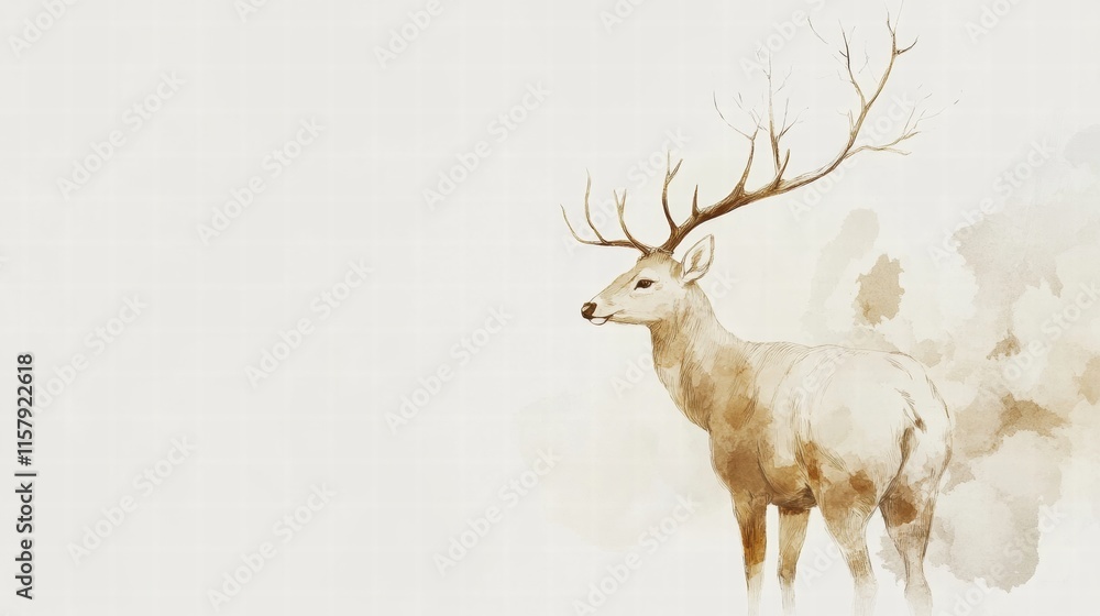 Poster elegant illustrated deer with branching antlers surrounded by soft colors and ample space for design