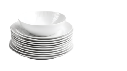 Stack of white ceramic plates and bowl on a clean background for dining or kitchen use