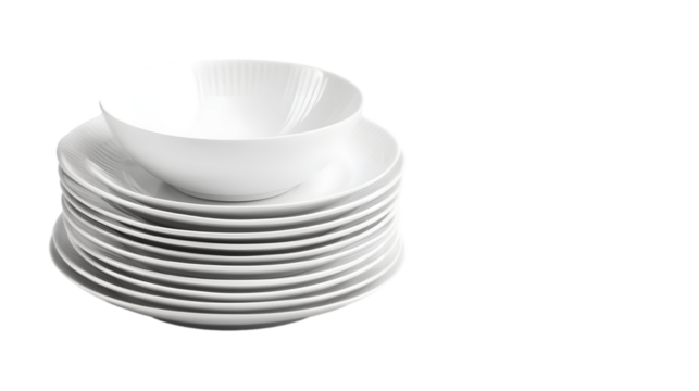 Stack of white ceramic plates and bowl on a clean background for dining or kitchen use