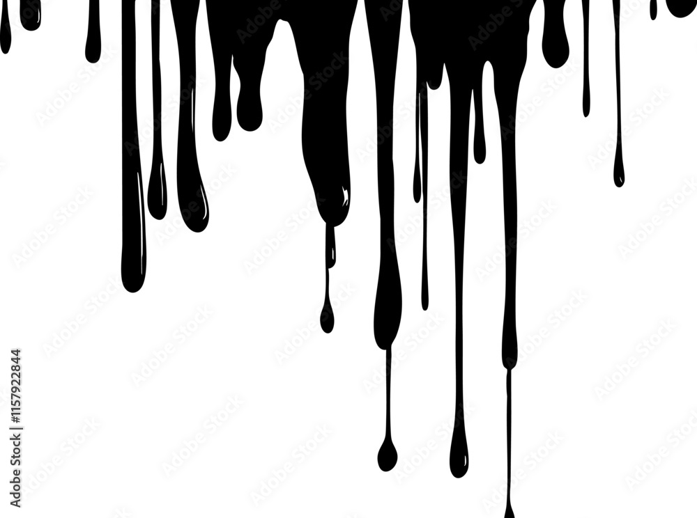 Poster black paint drips creating an abstract pattern on a white background.
