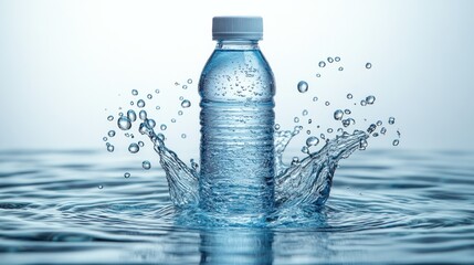 A water bottle splashes in clear water, showcasing freshness and hydration.