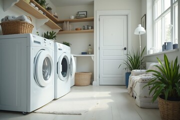 Bright and Modern Laundry Room with Washer and Green Plants