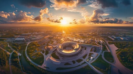 Panoramic sunset aerial view of a large stadium in a city.