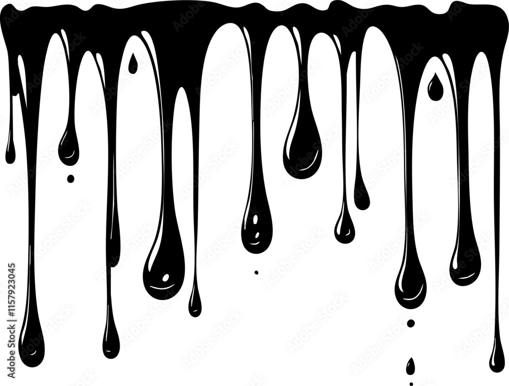 Poster black paint drips creating an abstract design on a white background.