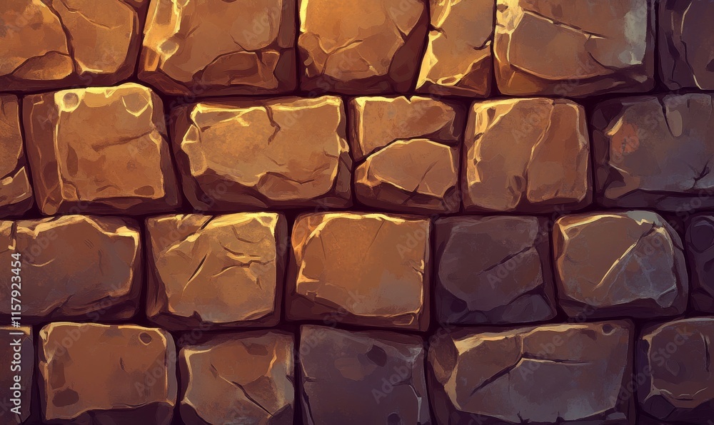 Aufkleber seamless stone wall texture with uneven bricks in warm brown tones. digital art pattern for backgrou