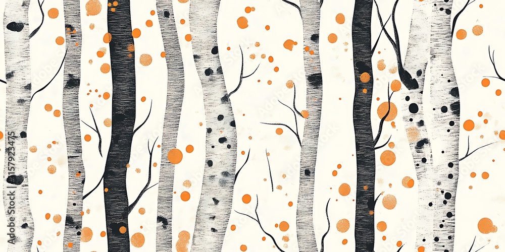 Poster seamless pattern featuring trees and abstract orange dots with a natural aesthetic