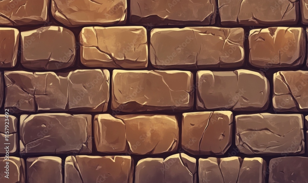Poster seamless stone wall texture with uneven bricks in warm brown tones. digital art pattern for backgrou