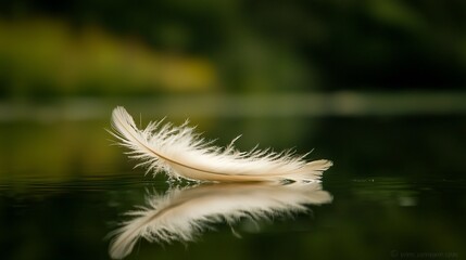 Single white feather floats on calm water, reflected perfectly.