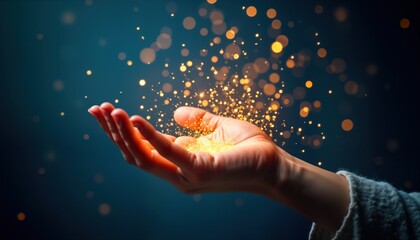 Open hand holds golden sparks against dark background. Powerful energy source. Magic light emerging from hand. Creative concept image. Magical energy. Golden sparks fly. Powerful mystical glowing