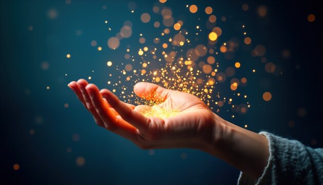 Open hand holds golden sparks against dark background. Powerful energy source. Magic light emerging from hand. Creative concept image. Magical energy. Golden sparks fly. Powerful mystical glowing
