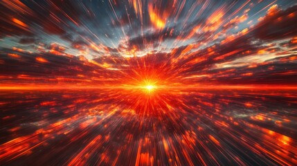 Vibrant sunset reflected on calm water, radiating light streaks.