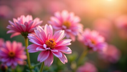 Close up view of beautiful pink flowers in bloom. Bright, fresh flowers create beautiful natural background. Delicate petals of flowers seen in sunny garden. Vivid colours of blooming flowers