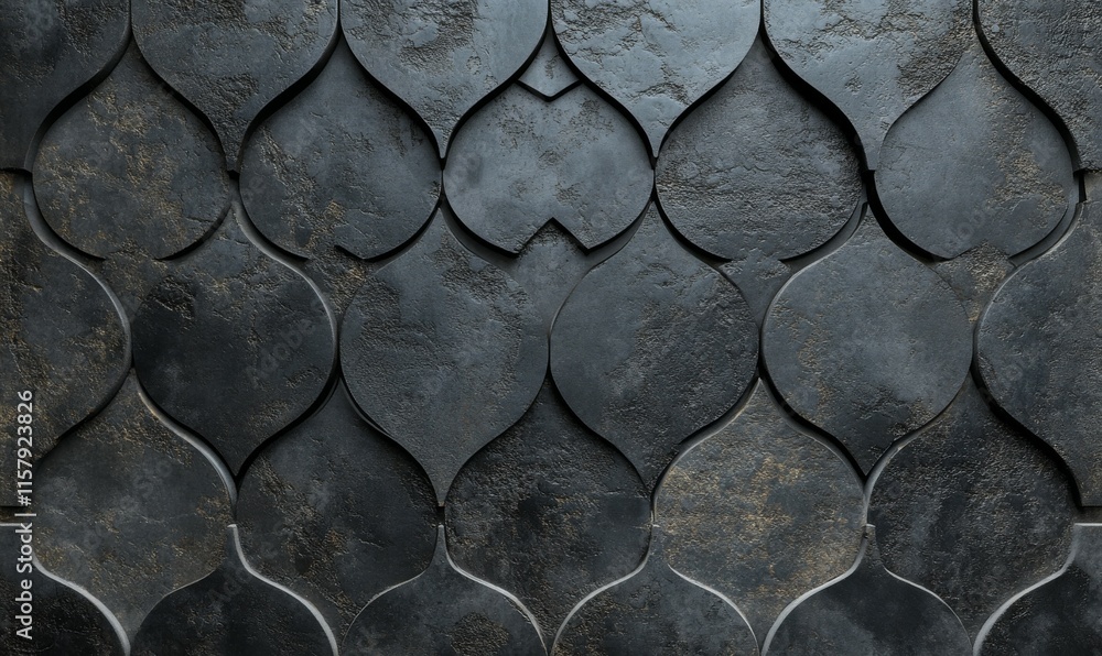 Poster semigloss, arabesque mosaic tiles arranged in the shape of a wall. black, 3d, blocks stacked to crea