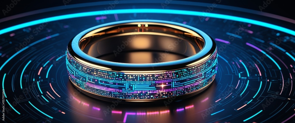Poster futuristic digital circuit ring with neon lights in circular pattern