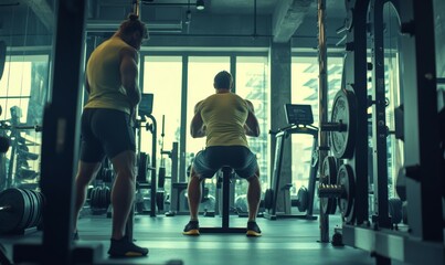Personal trainer motivating a client during an intense squat session, proper form and encouragement captured in a modern gym, fitness goals in focus,