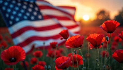 Patriotic photo of American flag waving gently in poppy field at sunset. Red poppies bloom brightly amidst flag. Image evokes feelings of remembrance, national pride. Ideal for memorial day patriotic