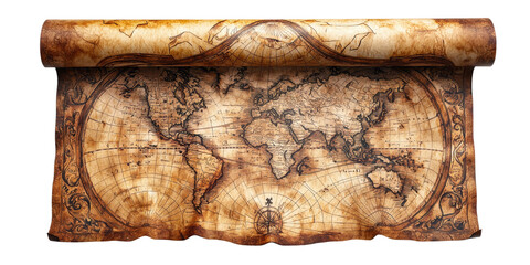 Vintage World Map on Rolled Parchment Background Isolated on transparent background